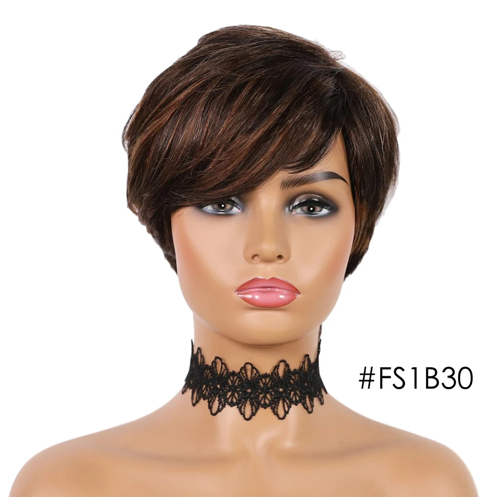 Glueless Pixie Cut Short Human Hair With Bangs Wigs