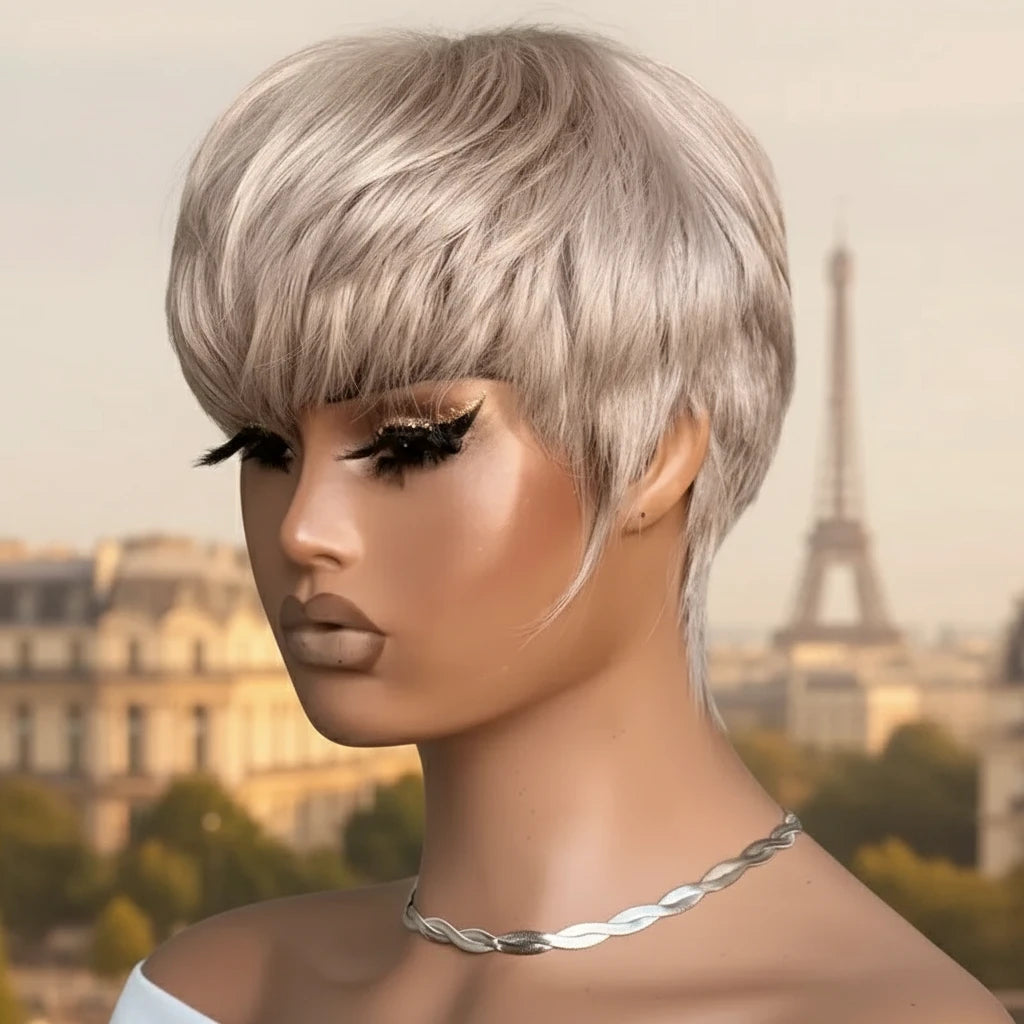 Gray Pixie Cut human hair wig with layered lace design by JNETTE CHANEL, showcasing short, textured style and lace cap construction.