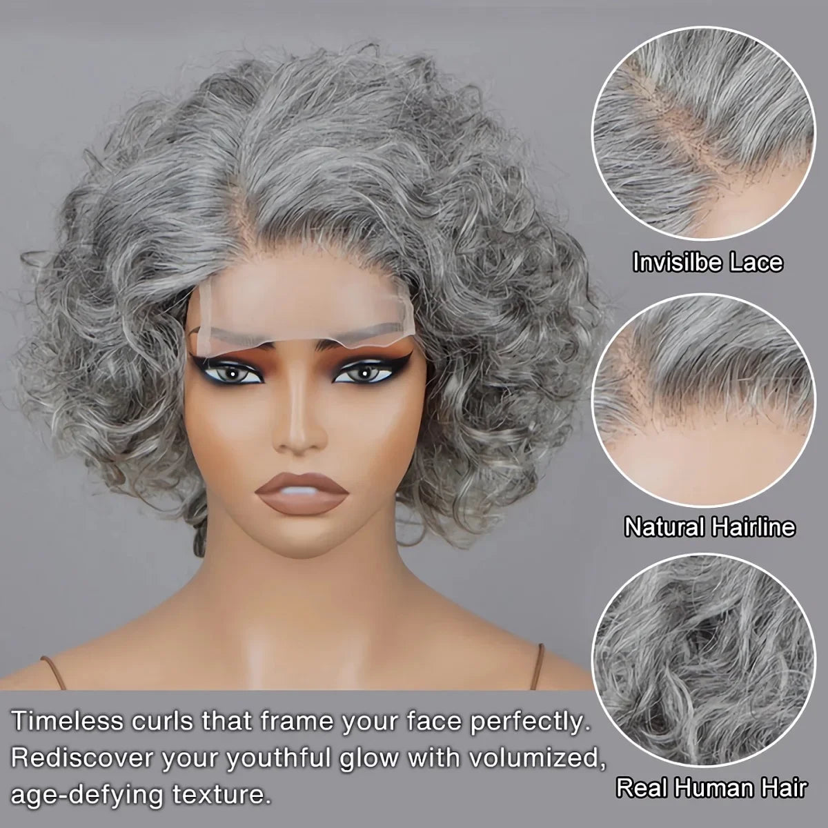 Salt and pepper loose curly Brazilian human hair lace front wig by JNETTE CHANEL, showcasing natural curls and lace front design.