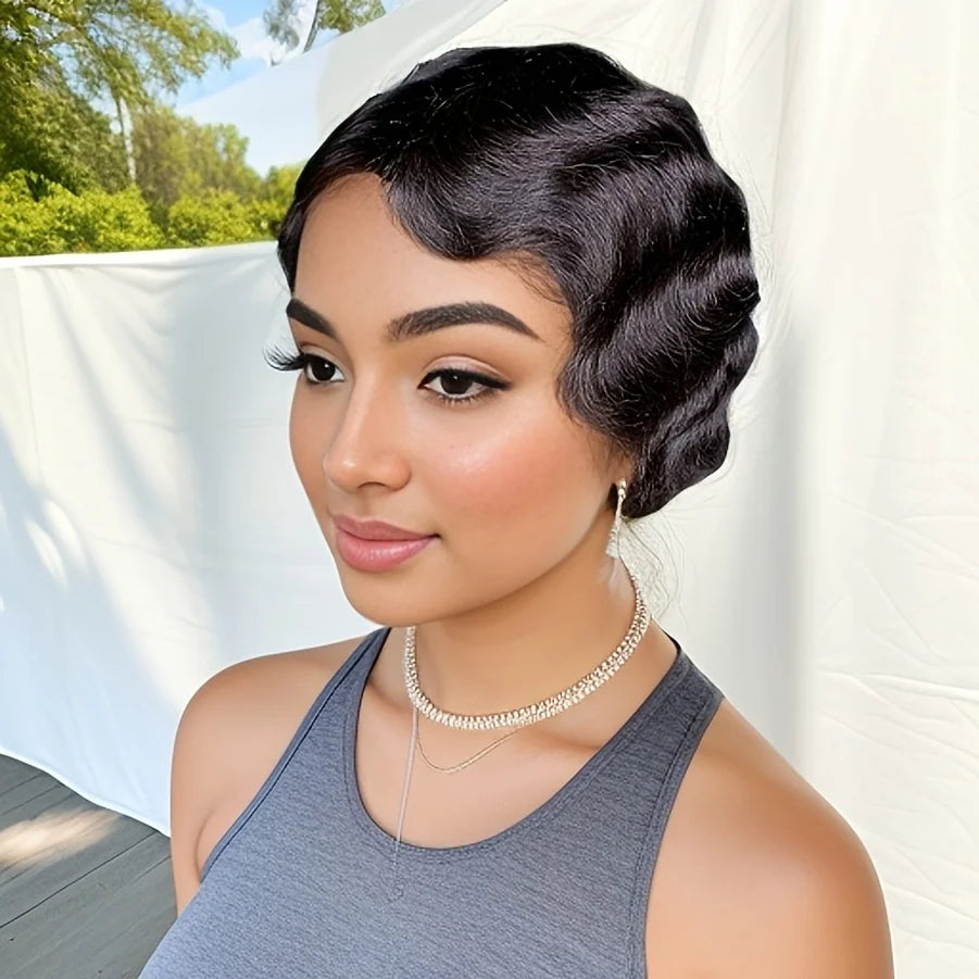 Luxury Short Finger Wave Bob Wig – Premium Brazilian Virgin Human Hair