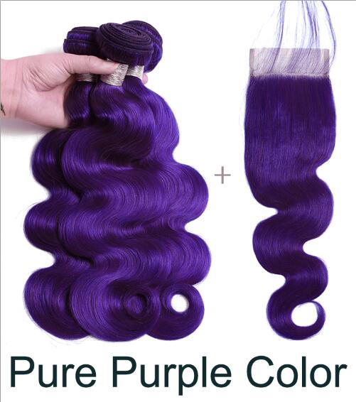 Purple Body Wave Brazilian Human Hair Weave Bundles With Closure