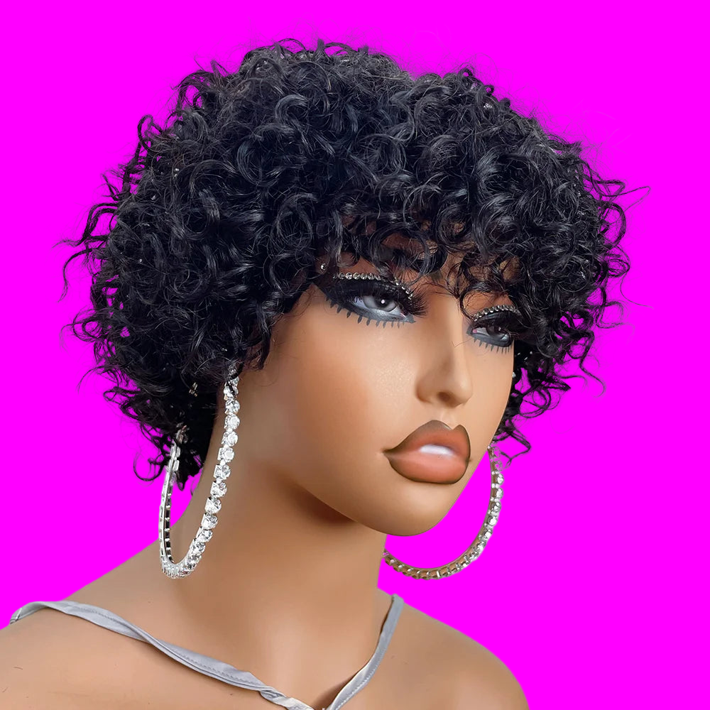 JNETTE CHANEL pixie cut glueless human hair wig with bangs, natural style and short layered look, close-up of the wig on a mannequin.