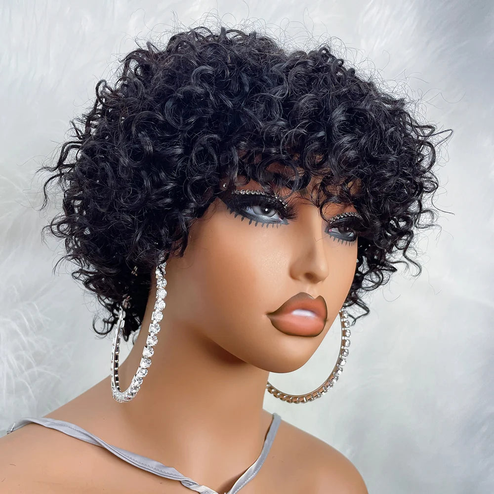 Short pixie cut wig with bangs, glueless human hair style by JNETTE CHANEL, shown on a mannequin head.