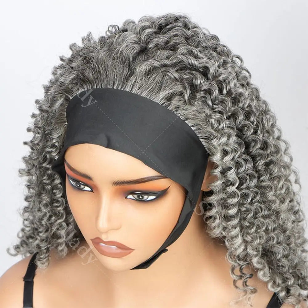 Glueless  Gray Headband Human Hair Brazilian Kinky Wigs