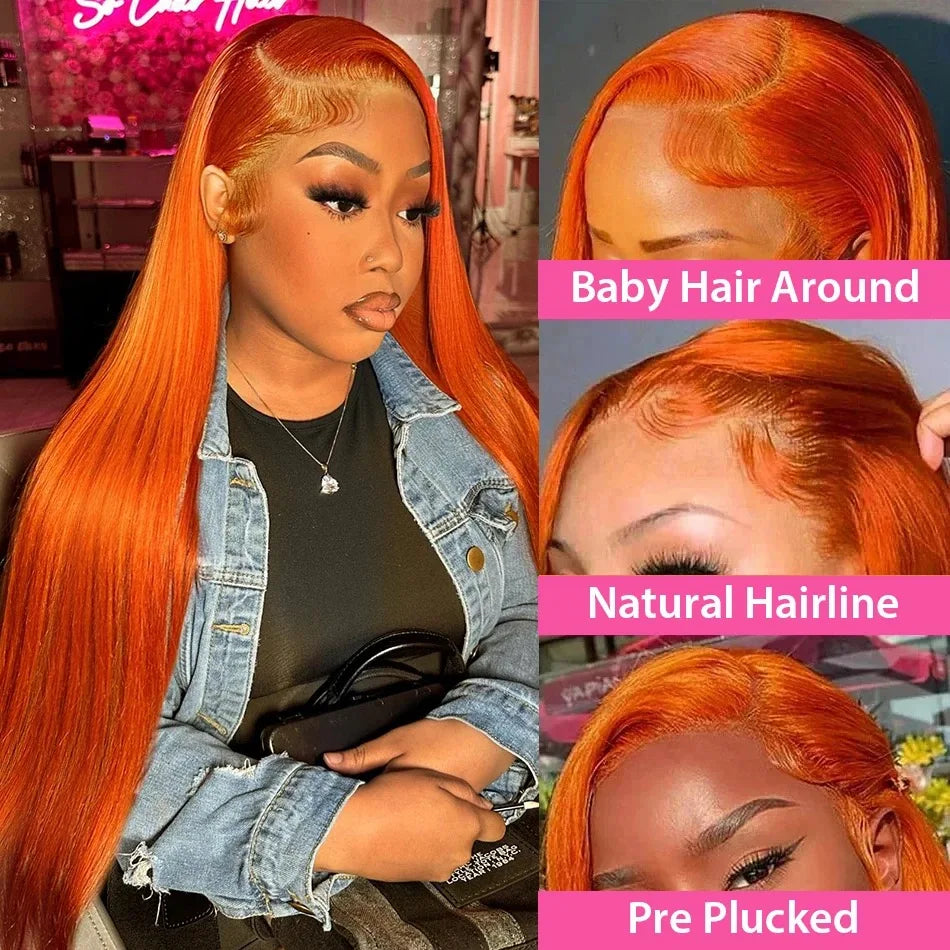 Lace Front HD Brazilian Human Hair Ginger Orange  Straight Wigs
