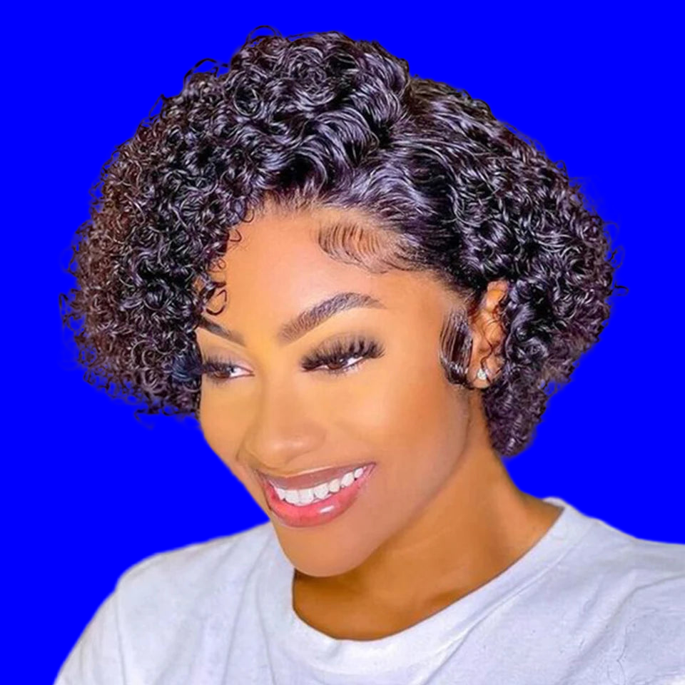JNETTE CHANEL short curly bob wig with lace front, preplucked hairline, made of human Peruvian hair, suitable for natural-looking styles.