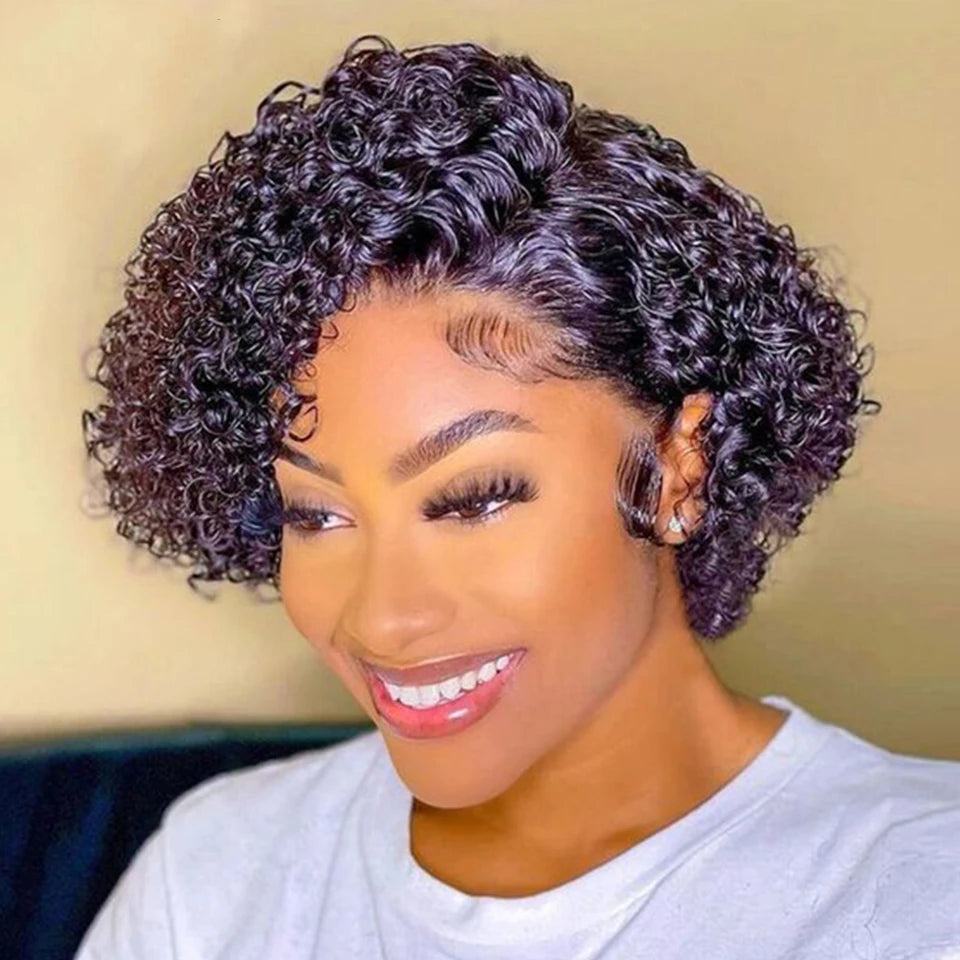 JNETTE CHANEL curly short lace front wig with preplucked hairline, human Peruvian hair, and natural bob style.