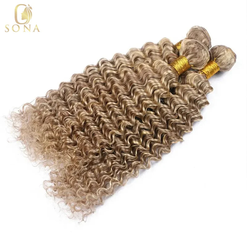 Honey Blonde Highlight Bundles Deep Curly Human Remy Hair Weave