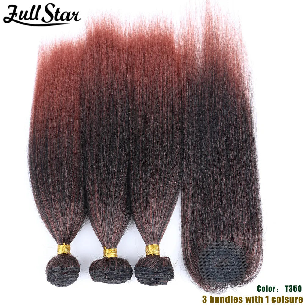 Yaki Straight Hair Bundle with Closure – Heat-Resistant Synthetic Weave Hair Extensions
