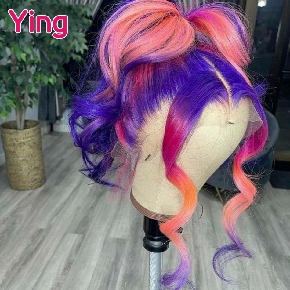 Lace Front Purple Pink with Orange Body Wave Human Hair PrePlucked With Baby Hair Wigs