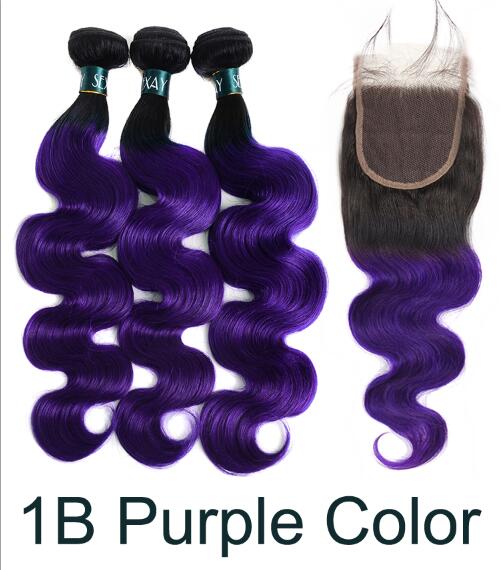 Purple Body Wave Brazilian Human Hair Weave Bundles With Closure