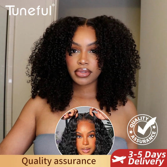 JNETTE CHANEL glueless pre-cut HD transparent kinky curly human hair wig showcasing natural texture and lace front design.