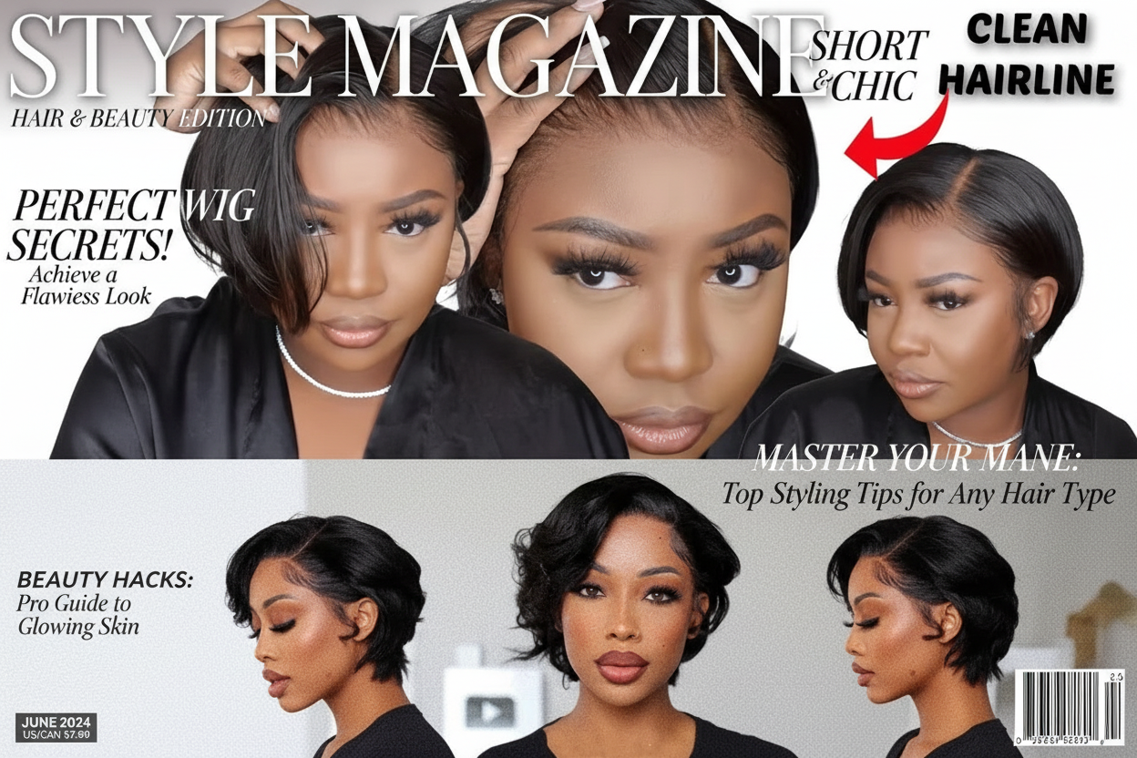 Pixie cut transparent lace front Brazilian human hair wig by JNETTE CHANEL, showing short, sleek hair with lace front detail.