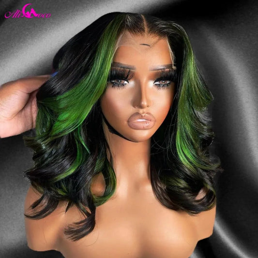 Lace front Transparent Pre plucked Highlight Green Body Wave Human Hair Wigs