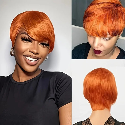 Pixie Cut Orange Red Brazilian Human Remy Hair with Bangs Wig