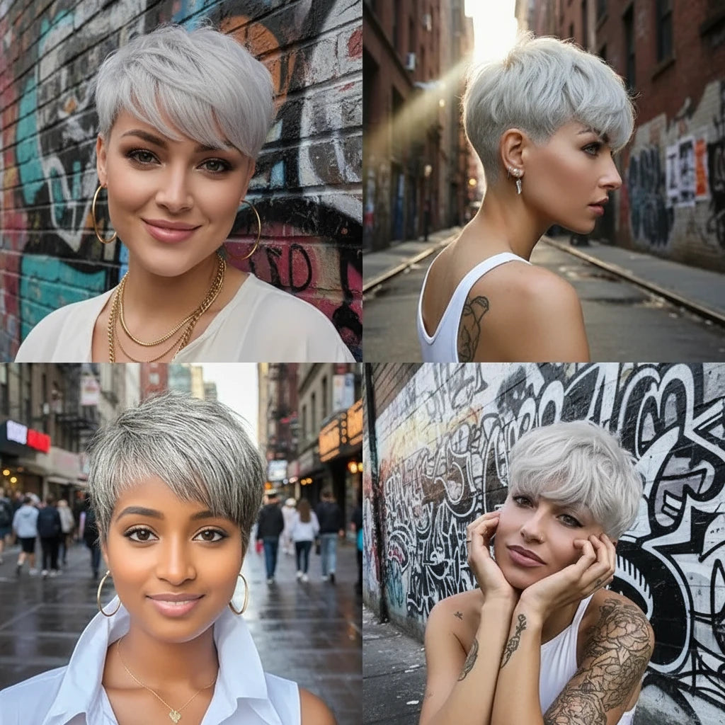 Grey pixie cut human hair wig by JNETTE CHANEL featuring short layered lace wig style for a sleek, modern look.