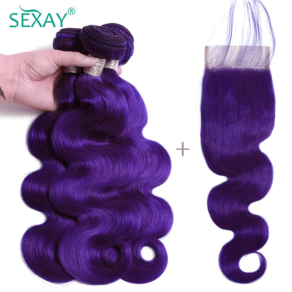 Purple Body Wave Brazilian Human Hair Weave Bundles With Closure