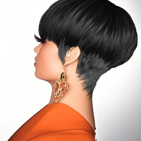 JNETTE CHANEL pixie cut human hair wig with bangs, lace front style, showcasing short, textured hair with natural color.