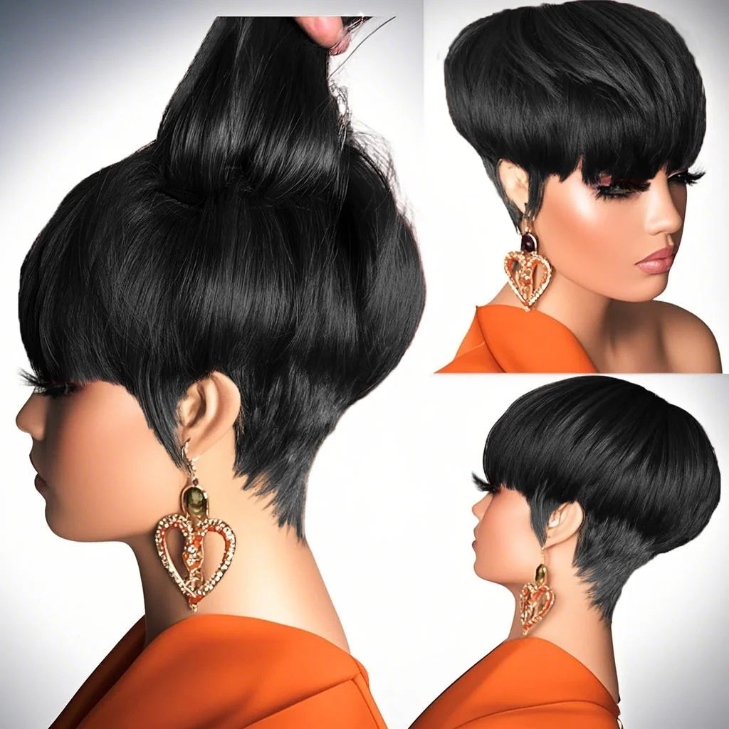 JNETTE CHANEL pixie cut human hair lace wig with bangs, showcasing a stylish short hairstyle with natural hair texture.