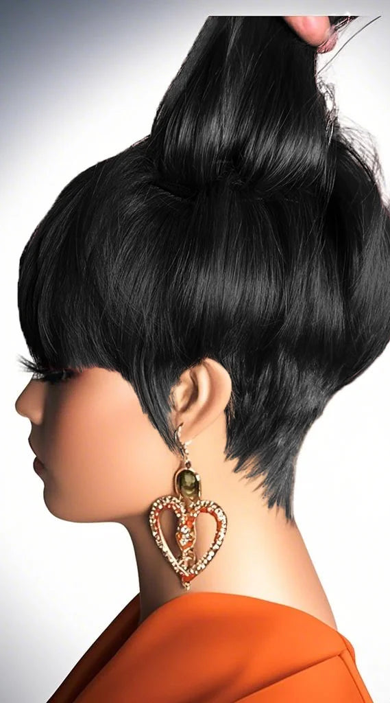 JNETTE CHANEL Pixie Cut human hair wig with bangs, lace front style, showcasing short, layered blonde wig on a mannequin head.