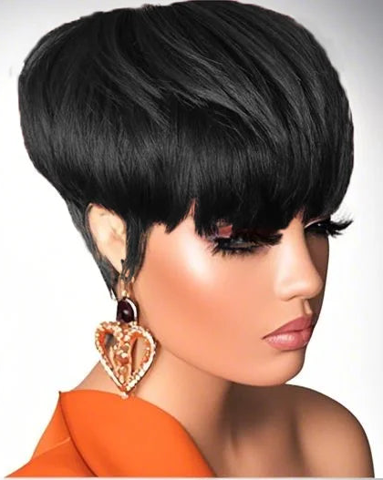 JNETTE CHANEL Pixie Cut Human Hair Wig with Bangs, lace front, natural-looking short hairstyle, showcasing the wig on a head mannequin.