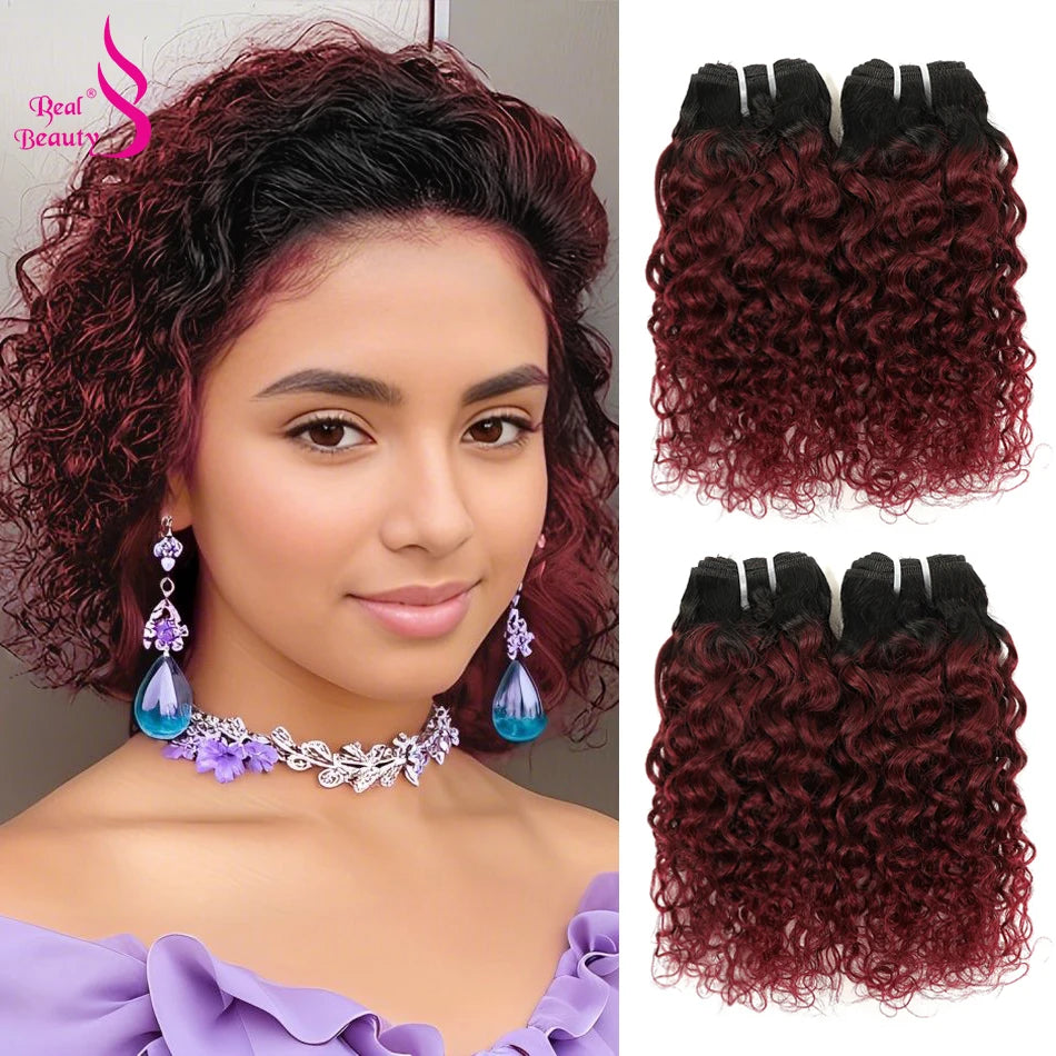 Kinky Curly Burgundy Bob Human Hair Bundles – Black Root Water Wave Sew-In Extensions