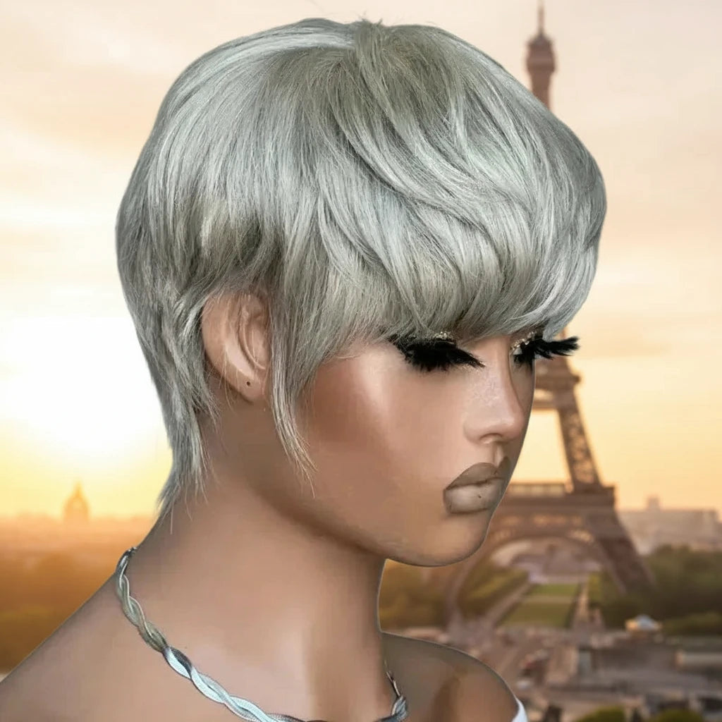 Grey Pixie Cut human hair lace wig by JNETTE CHANEL, short layered style with natural texture and lace front for a sleek look.