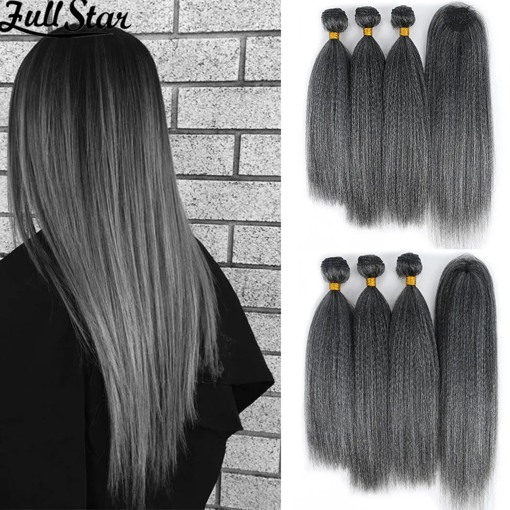 Yaki Straight Hair Bundle with Closure – Heat-Resistant Synthetic Weave Hair Extensions