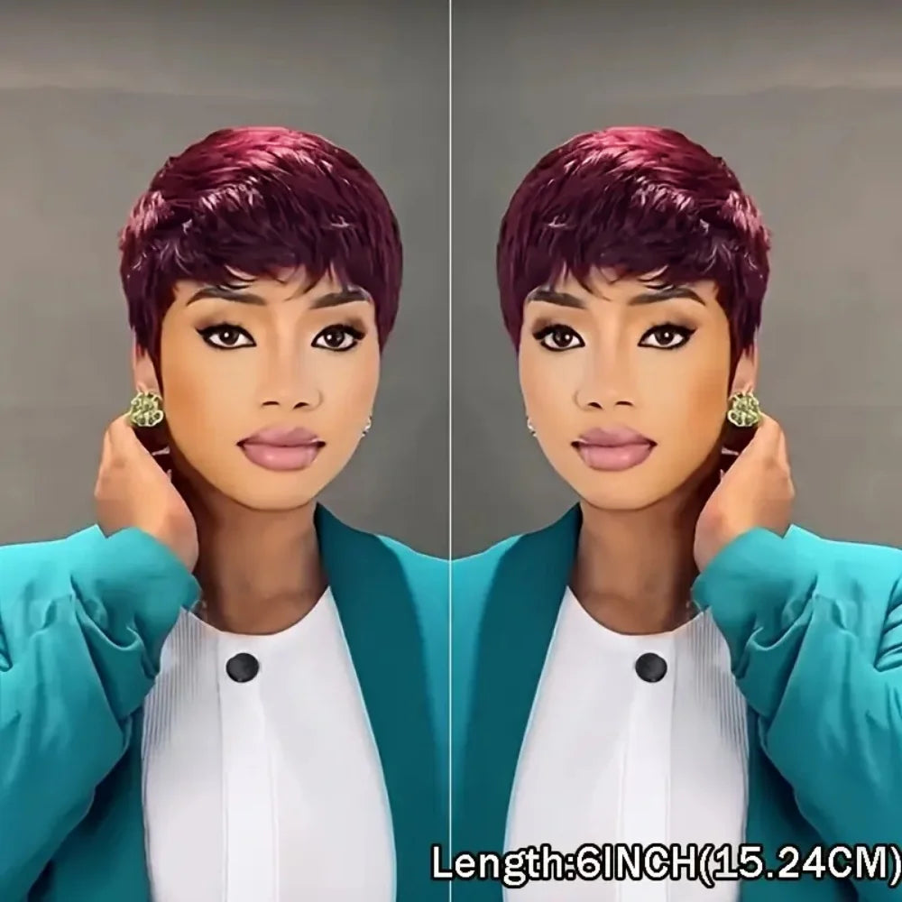 Brazilian Remy human hair pixie cut wig with bangs by JNETTE CHANEL, showcasing short style and lace construction.