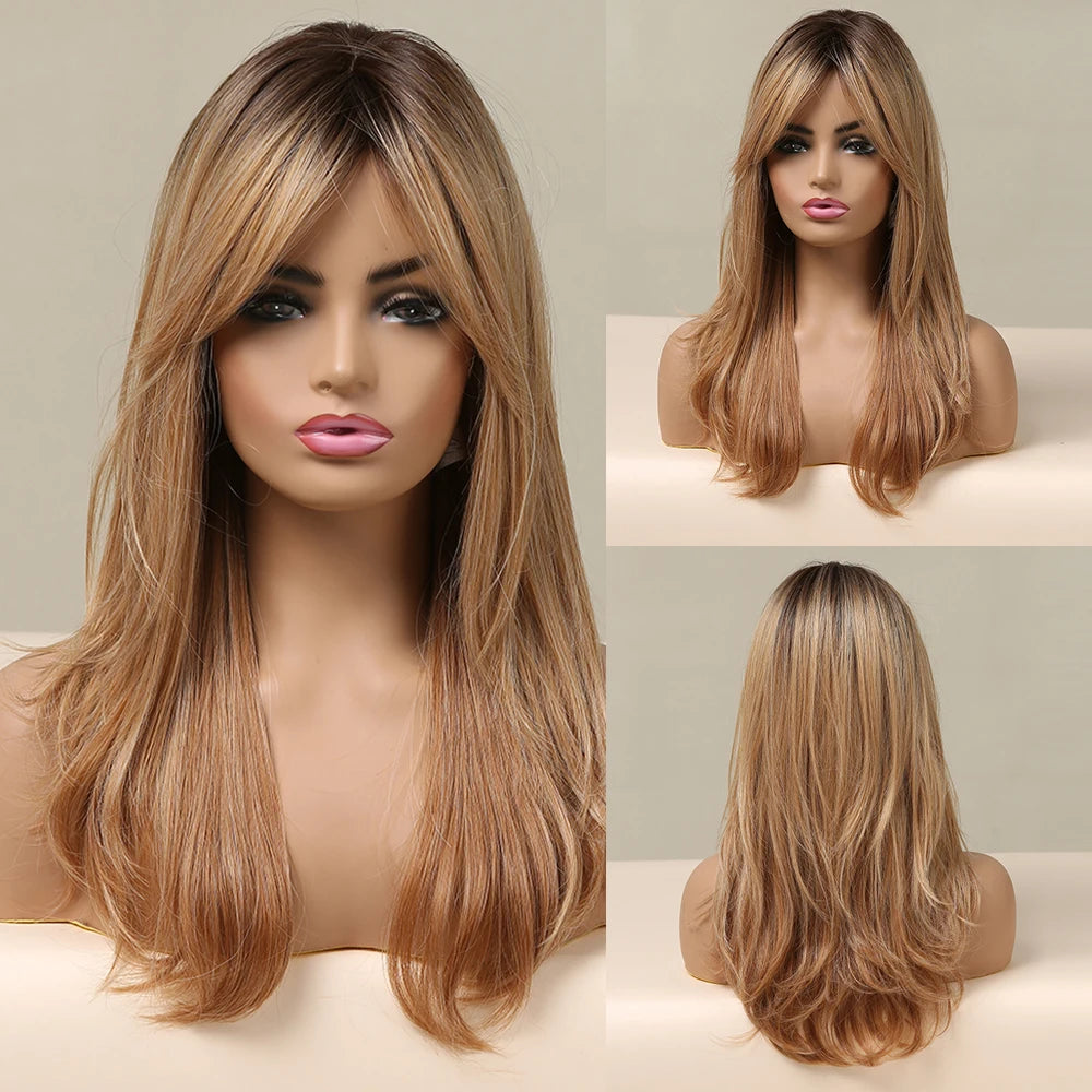 Synthetic Heat Resistant Ombré Layered Straight with Bangs Wigs