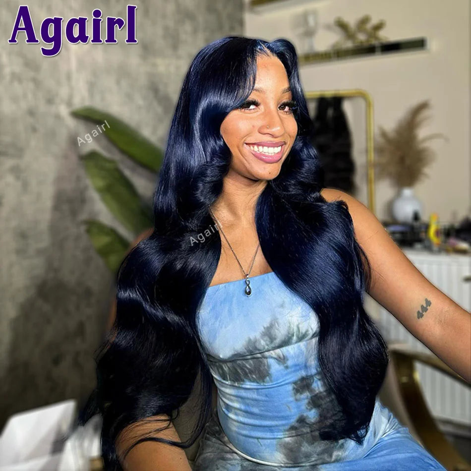 Midnight blue human hair lace front wig with body wave texture, pre-plucked for a natural hairline, by JNETTE CHANEL.