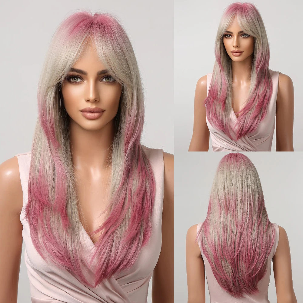 Synthetic Heat Resistant Ombré Layered Straight with Bangs Wigs