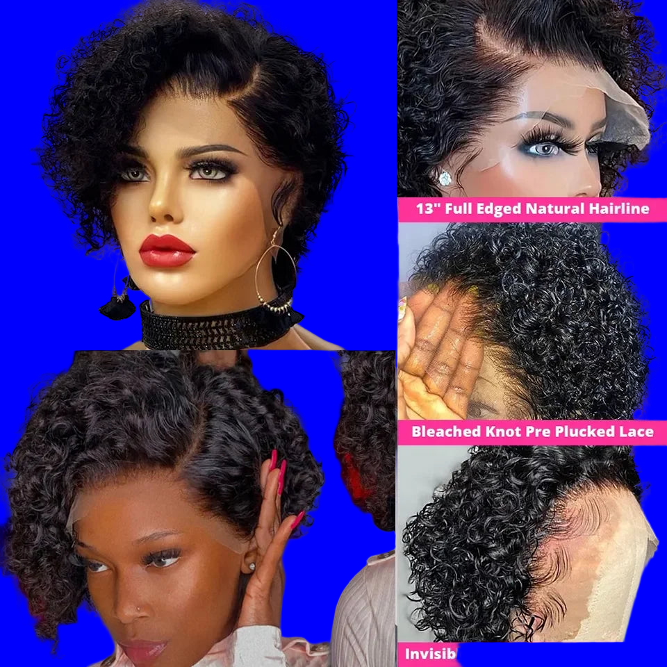 JNETTE CHANEL curly pixie cut lace front wig with preplucked hairline, short bob style, human Peruvian hair, natural look