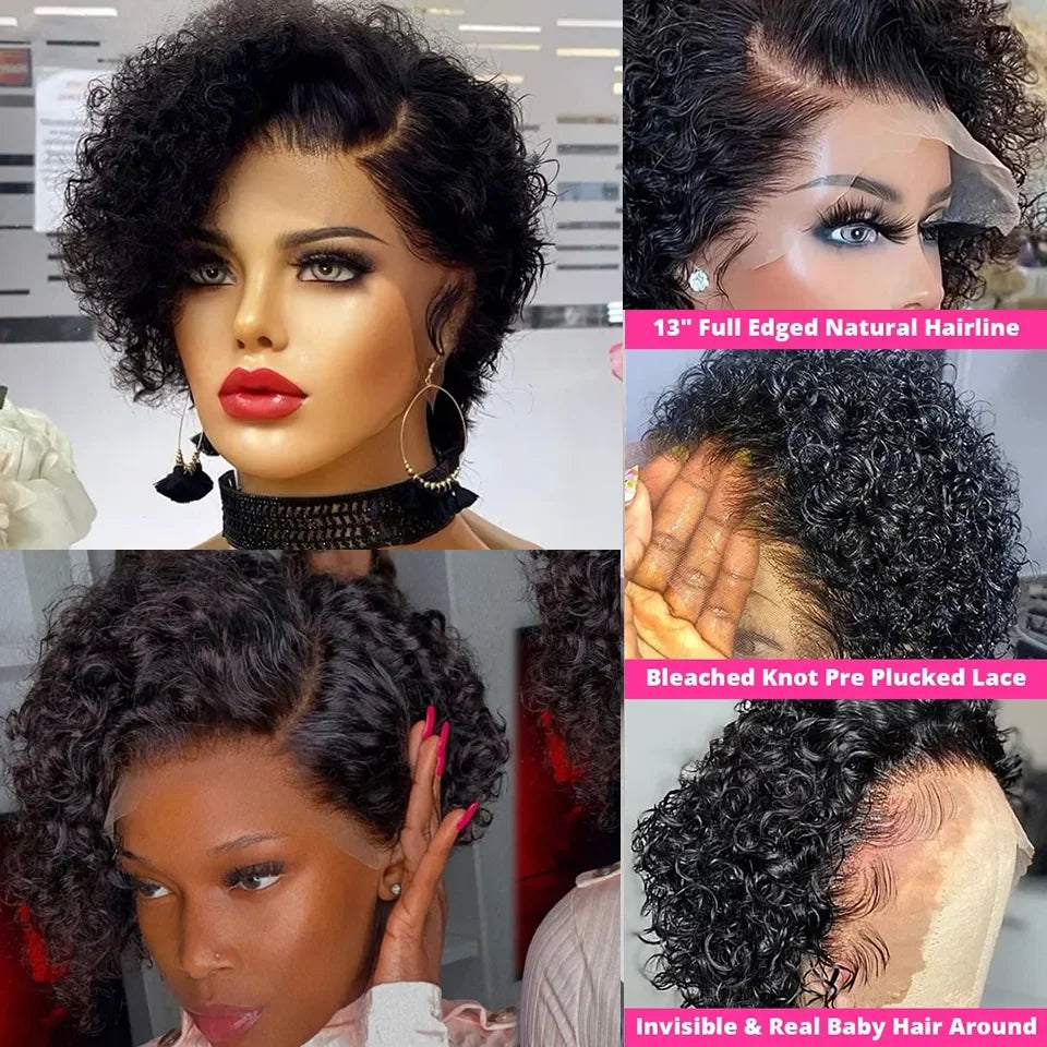 JNETTE CHANEL short curly pixie lace front wig with preplucked hairline, made of natural Peruvian human hair, showcasing the wig's cap and curls.