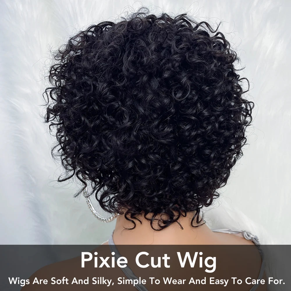 JNETTE CHANEL pixie cut glueless human hair wig with bangs, showcasing a stylish short hairstyle and natural hair texture.