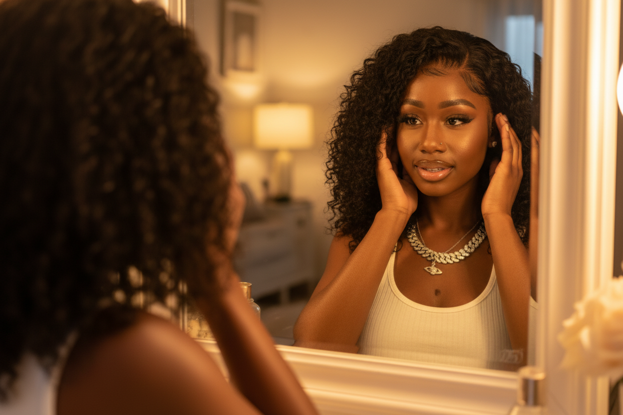JNETTE CHANEL glueless kinky curly lace front human hair wig with pre-plucked hairline, showcasing natural curls and lace front detail.