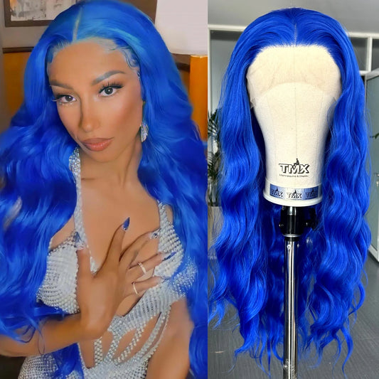 Synthetic Heat Resistance Lace Front Royal Blue Long Curly Wavy Wig