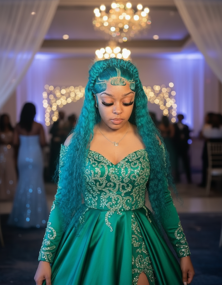 JNETTE CHANEL lace front green deep wave Brazilian human hair wig with pre-plucked hairline and natural hair texture.