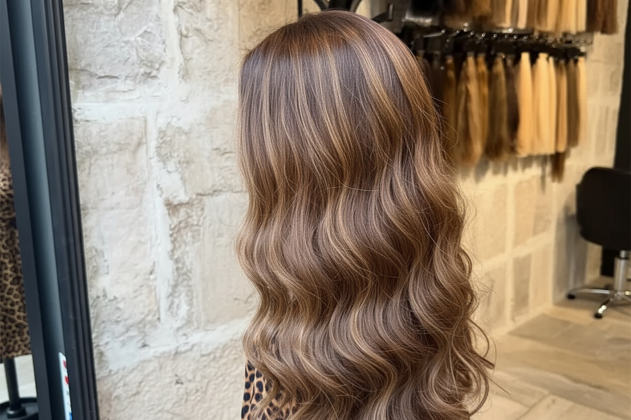 JNETTE CHANEL glueless synthetic heat-resistant lace front wig showing natural hairline and full wig cap in a close-up view
