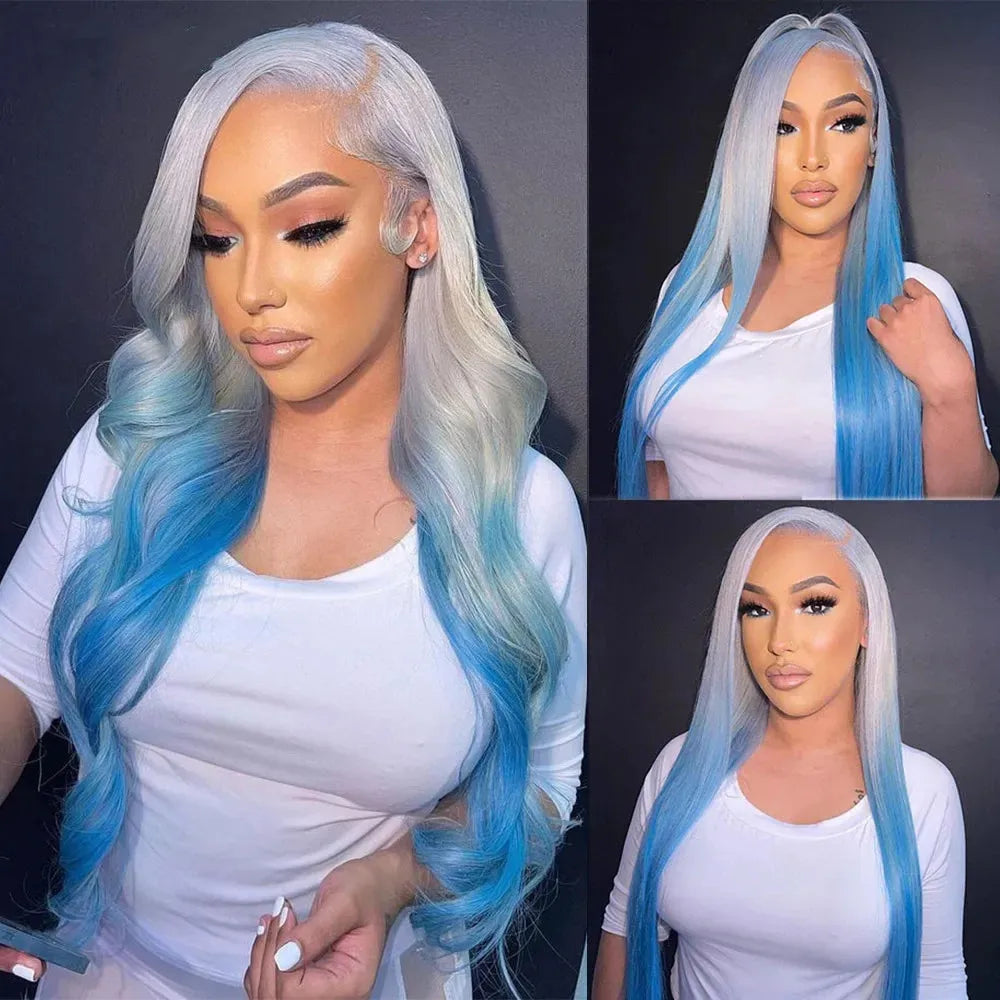 Lace Front  Preplucked Blue Ombre human hair  Wigs
