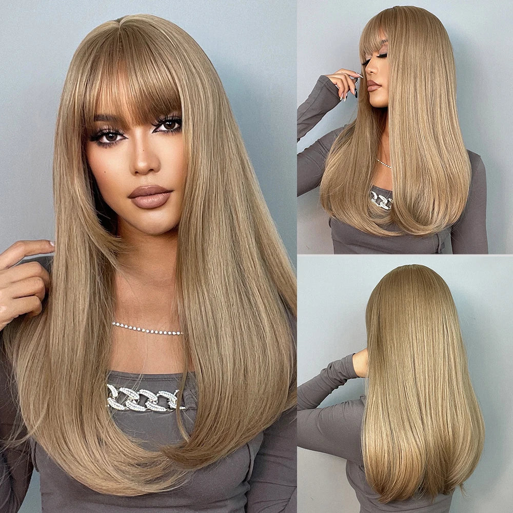 Synthetic Heat Resistant Ombré Layered Straight with Bangs Wigs