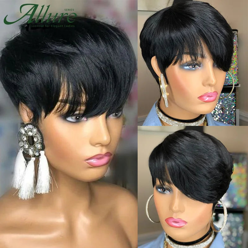 Glueless Pixie Cut Short Human Hair Straight Hair With Bangs Wigs