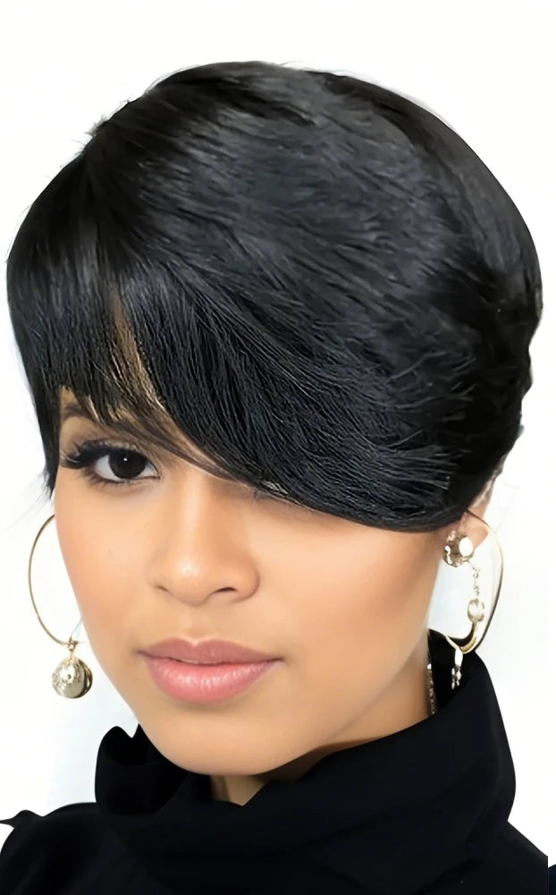 JNETTE CHANEL pixie cut human hair wig with bangs, lace front style, showcasing short, layered hairstyle for a modern look.