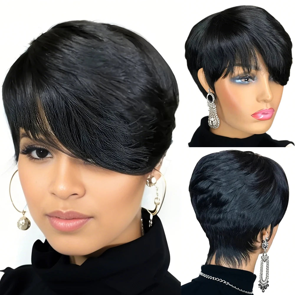 Pixie Cut Human Hair 
with Bangs Wigs