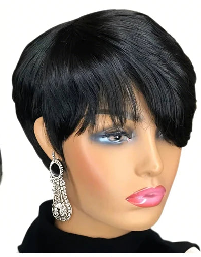JNETTE CHANEL pixie cut human hair wig with bangs, lace wig style, showcasing short, layered hairstyle with natural texture.