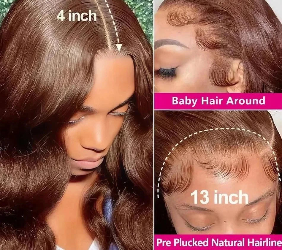 JNETTE CHANEL lace front transparent HD chocolate brown body wave human hair wig, showcasing natural waves and lace front design.