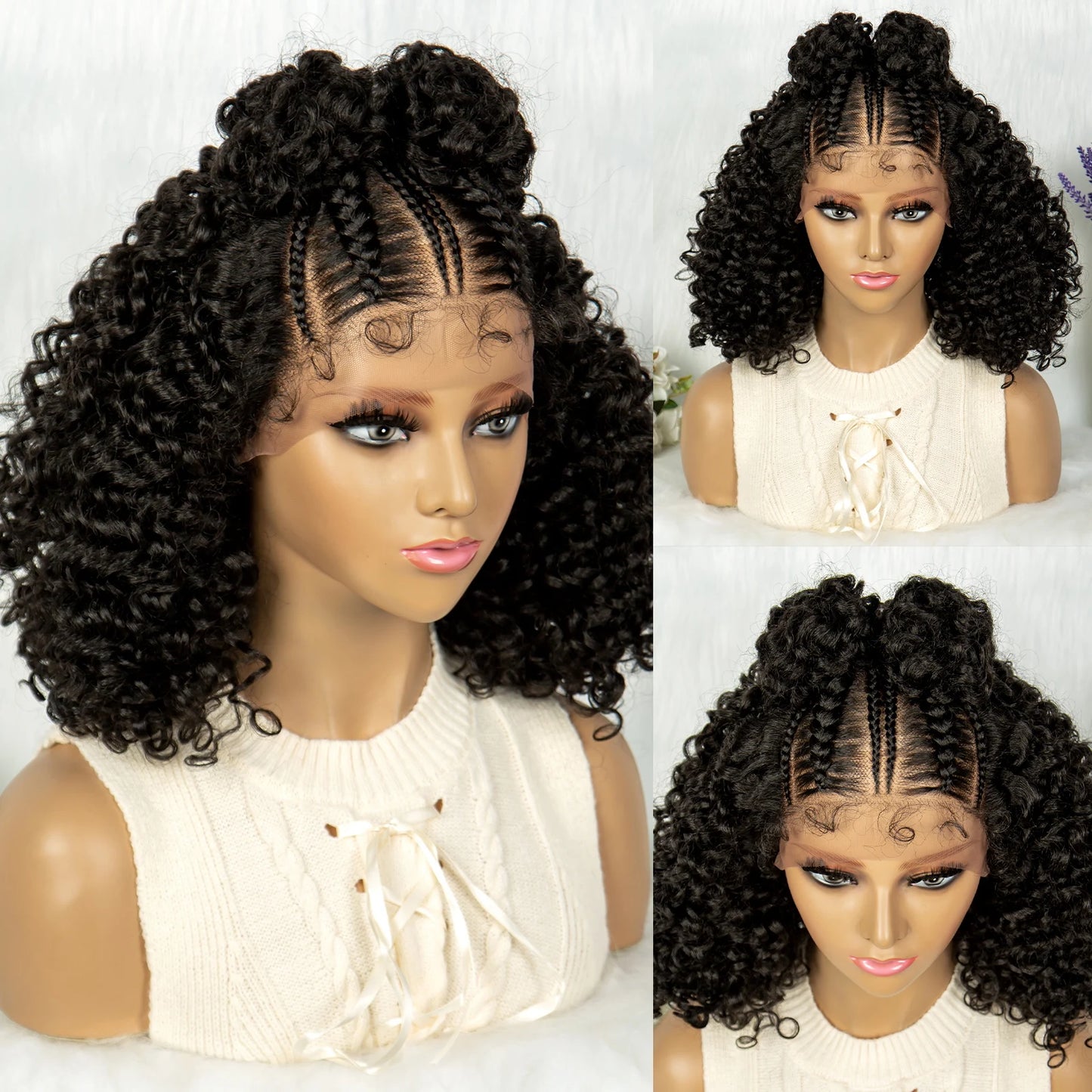 Synthetic Lace Front Cornrow Twisted 16 inches Curly Bob Wigs