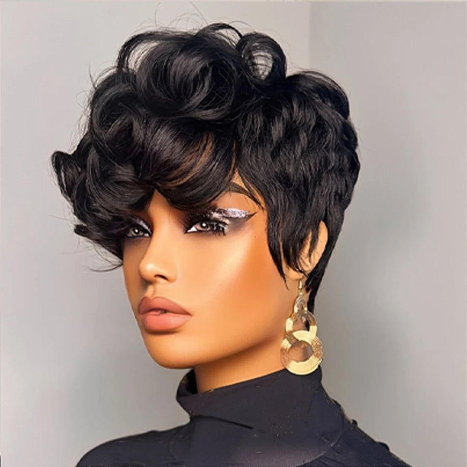 Brazilian Remy Human Hair Pixie Cut Wig – Layered Loose Curls with Bangs