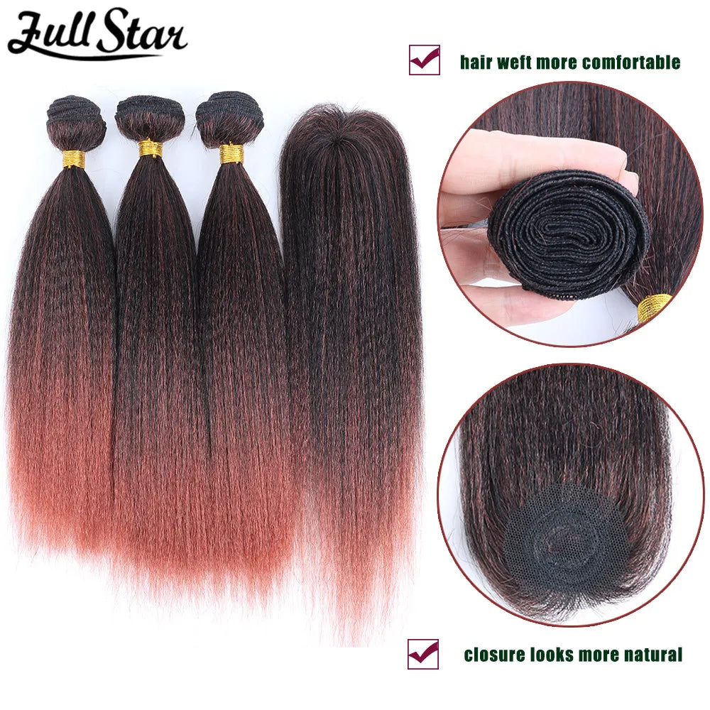 Yaki Straight Hair Bundle with Closure – Heat-Resistant Synthetic Weave Hair Extensions