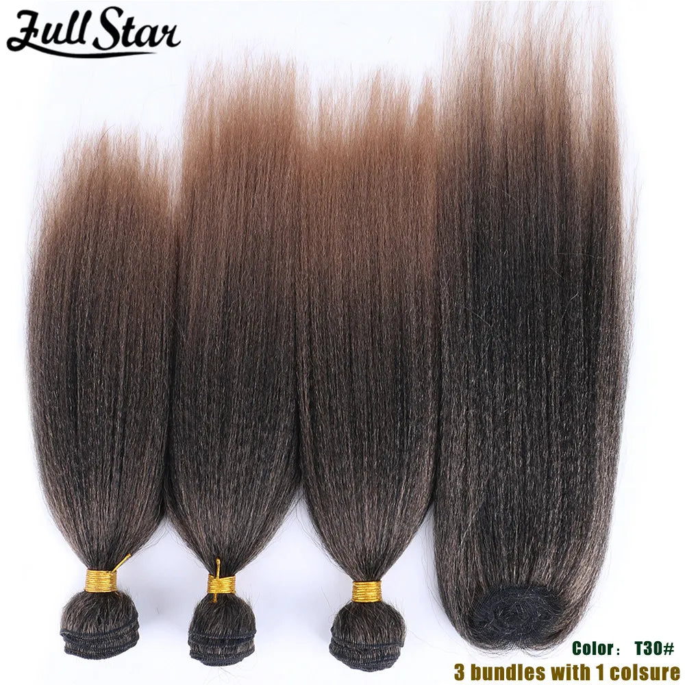 Yaki Straight Hair Bundle with Closure – Heat-Resistant Synthetic Weave Hair Extensions